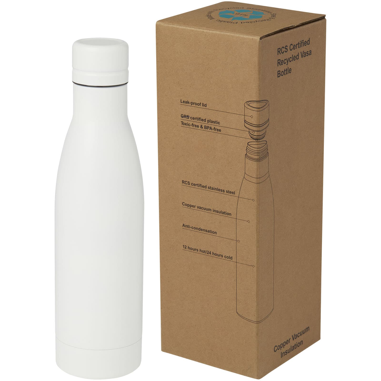 Sticlă Vasa 500 ml din oțel inoxidabil reciclat certificat RCS, cu izolație în vid și cupru