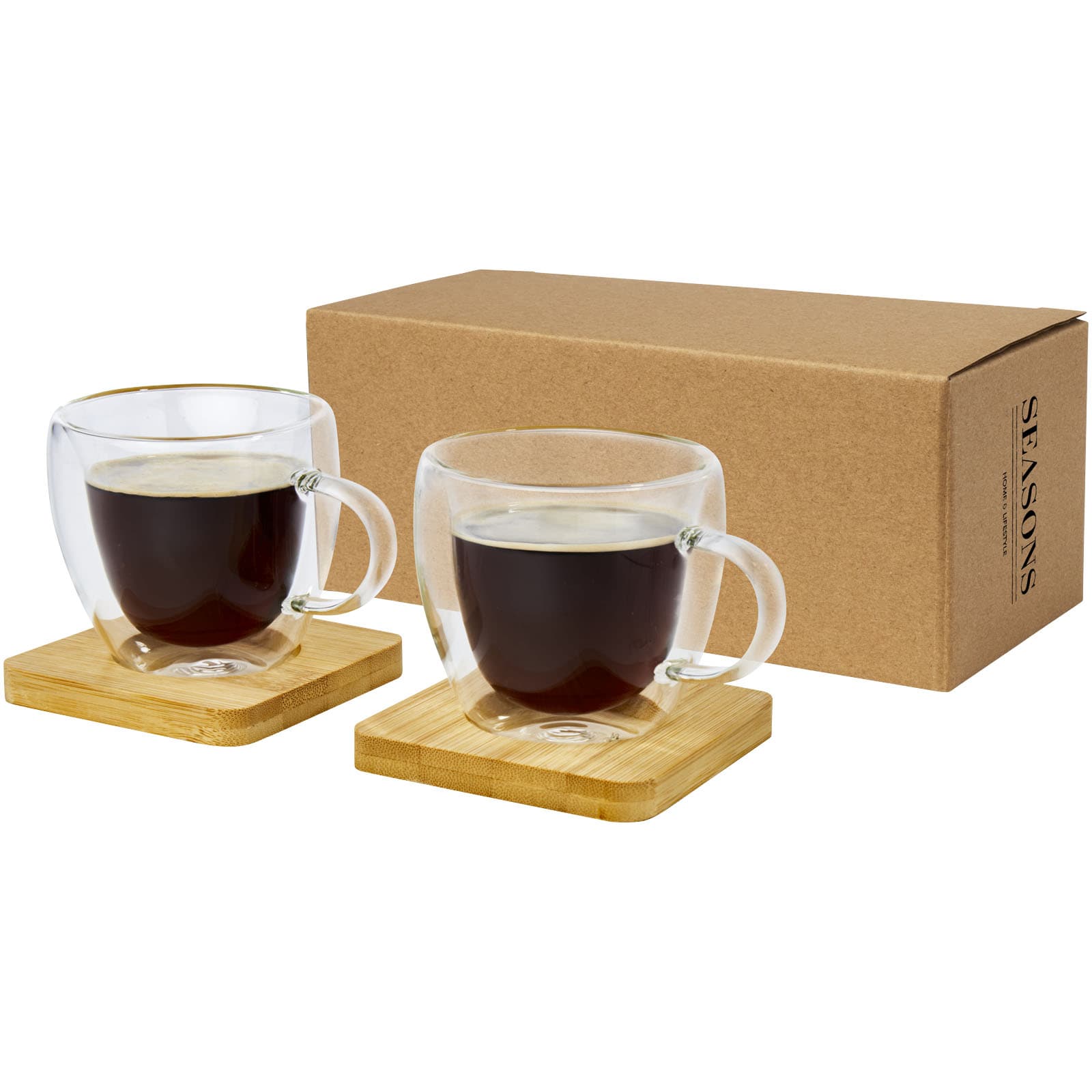 Set de 2 cești din sticlă cu perete dublu de 100 ml cu suport din bambus Manti