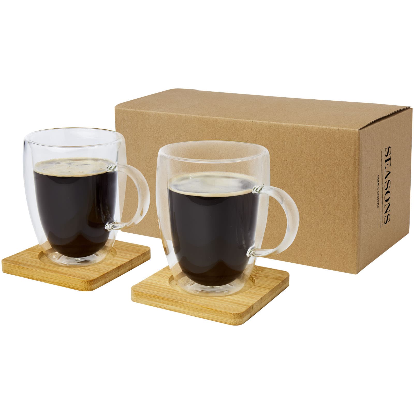 Set de 2 căni din sticlă cu perete dublu Manti 350 ml cu suport din bambus