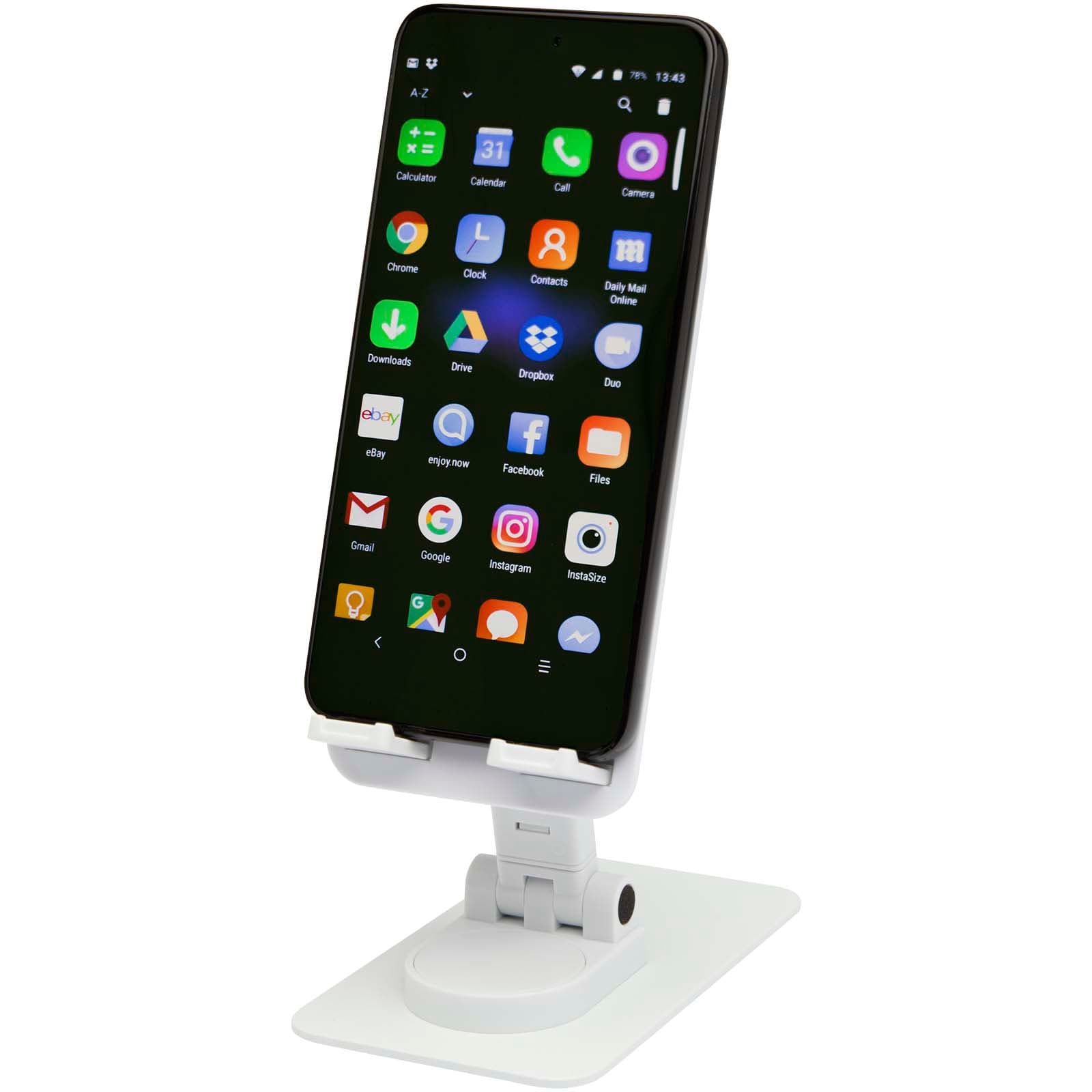 Suport pliabil pentru telefon Alhena din plastic reciclat cu suport metalic de birou