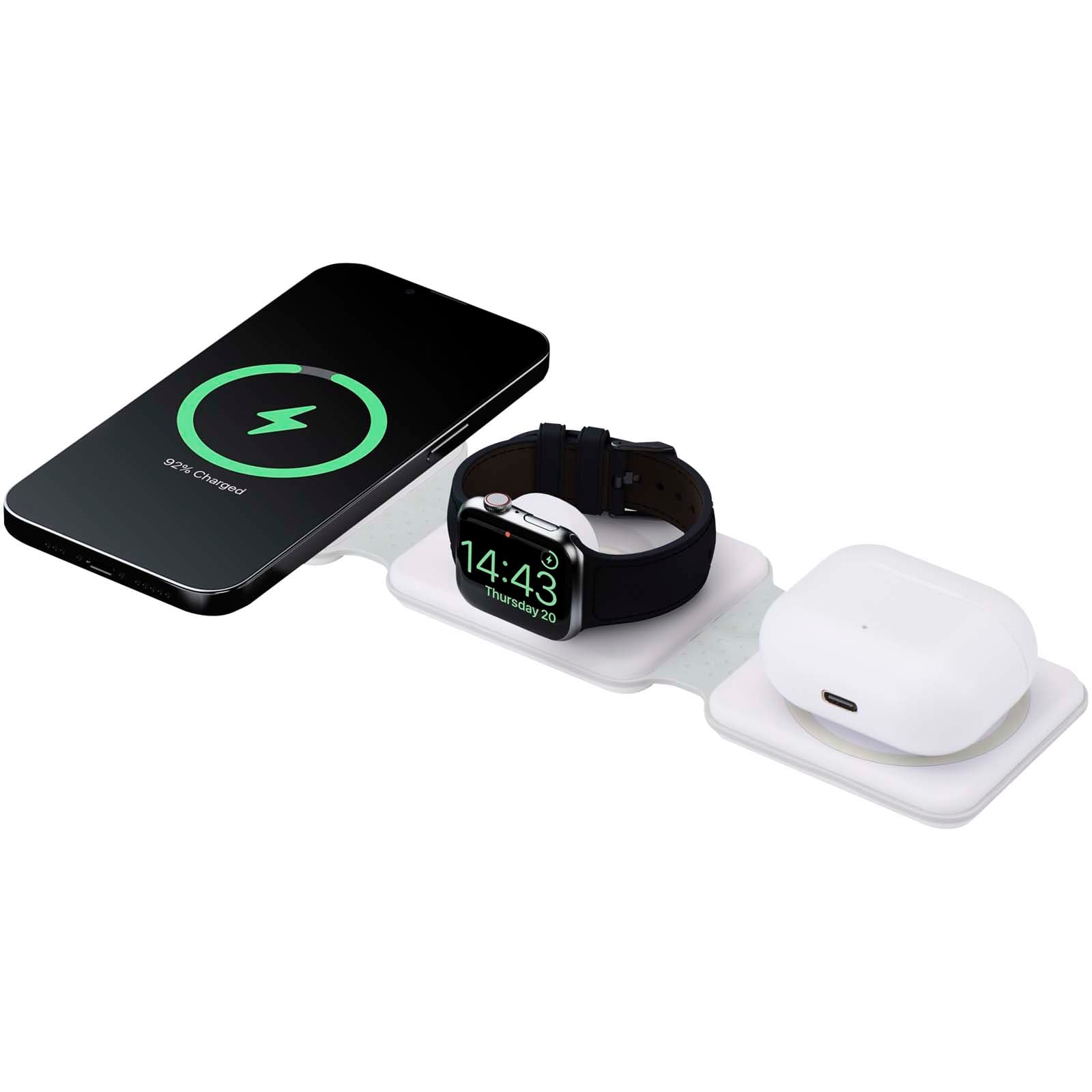 Încărcător wireless pliabil 3-în-1 din plastic reciclat Armus, 15W