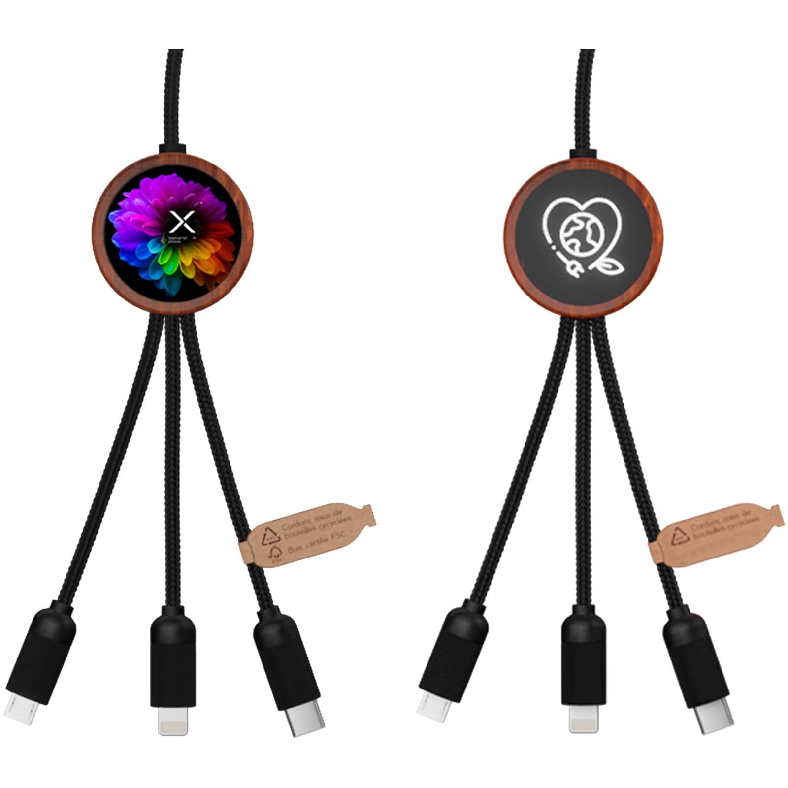 Cablu de încărcare 5-în-1 din rPET cu logo luminos și carcasă rotundă din lemn SCX.design C37 40W
