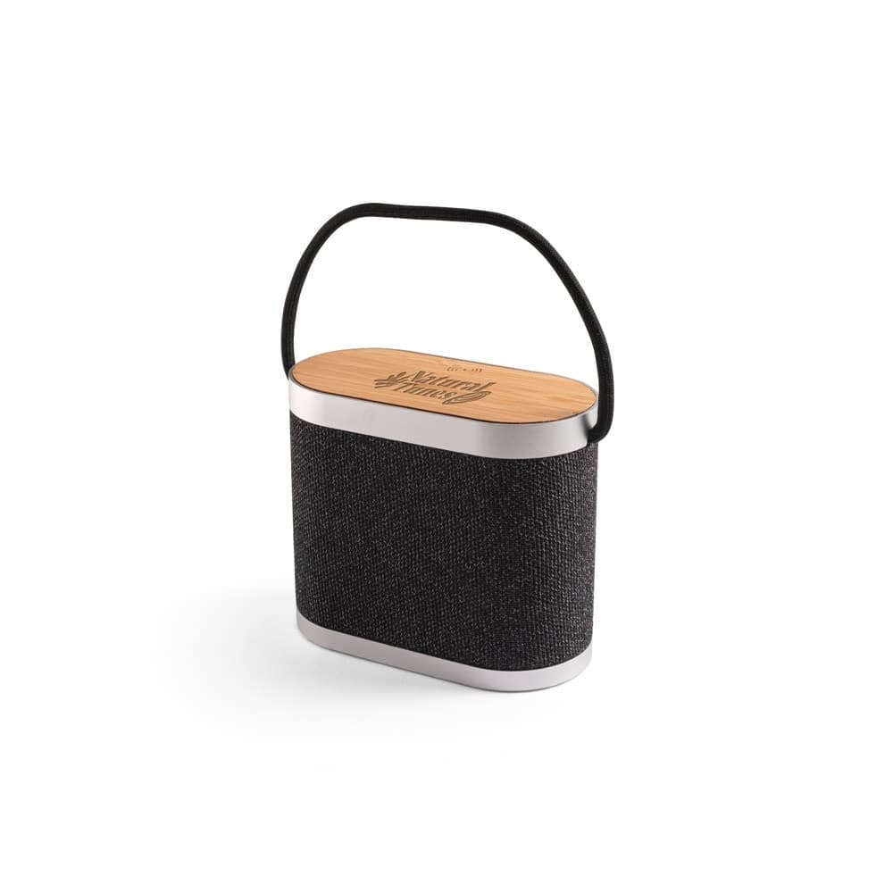 GUETTA. Difuzor portabil de 5W cu încărcător wireless super-rapid de 15W și autonomie a bateriei de 2h, fabricat din bambus și PET reciclat (100% rPET)