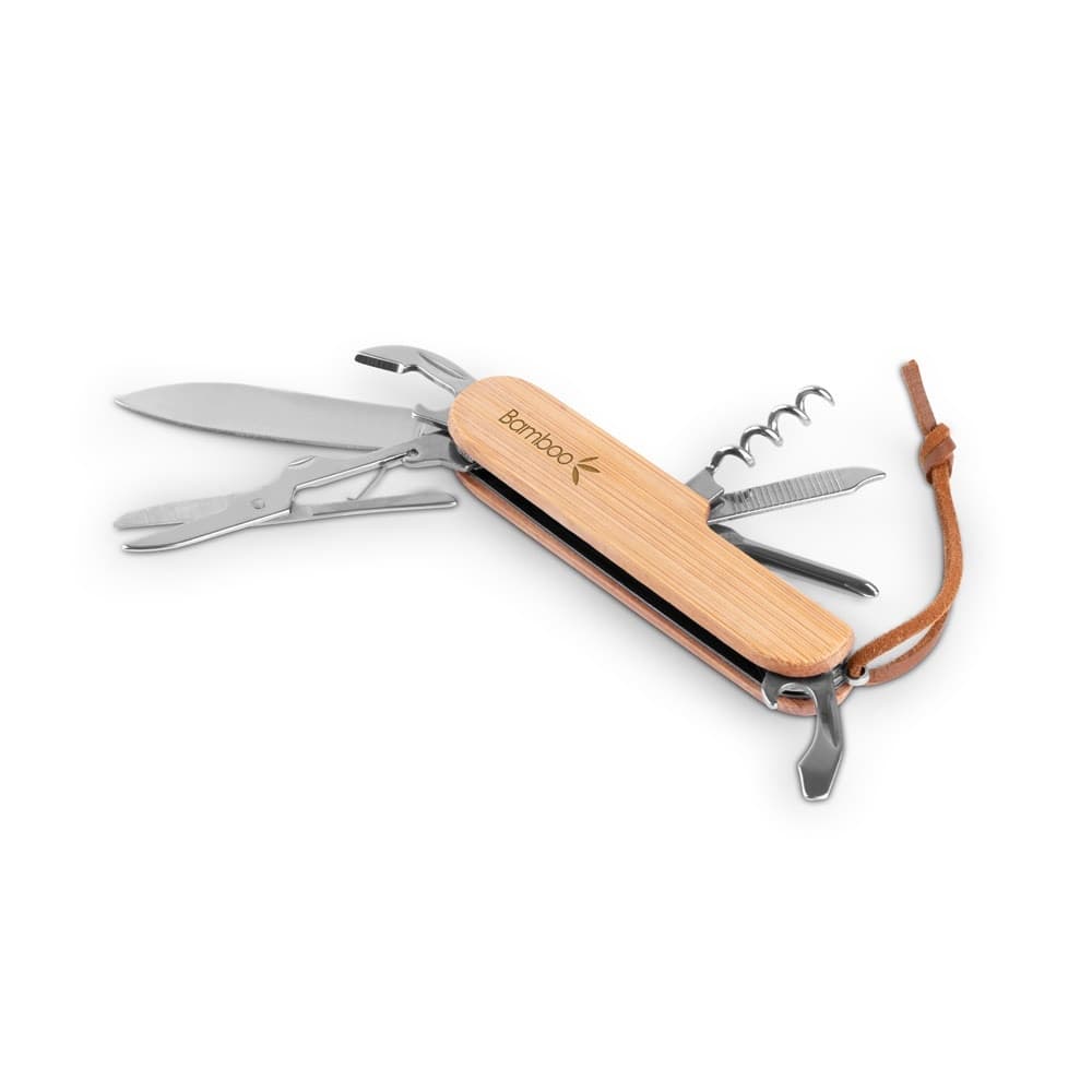 RYKER. Multifunction bamboo and stainless steel pocket knife with PU cord