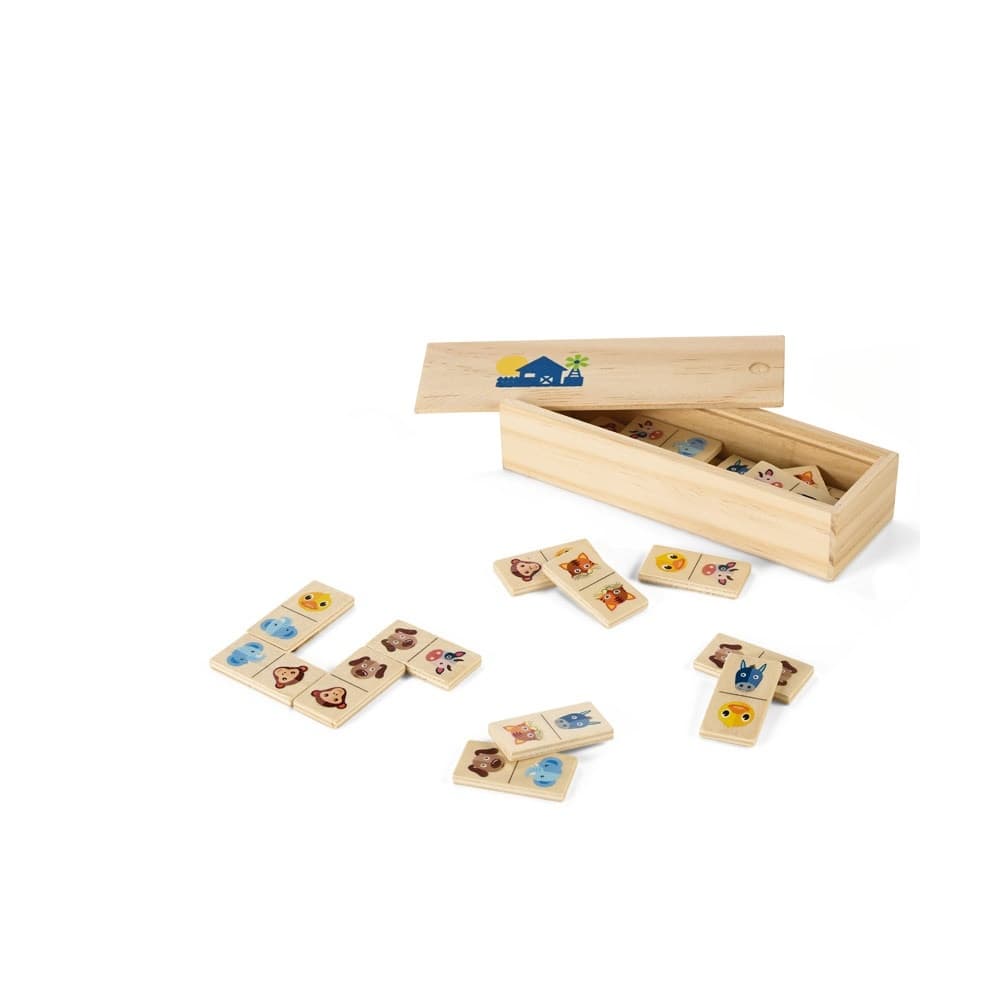 DOMIN. Kids' wooden domino game with 28 animal figure pieces