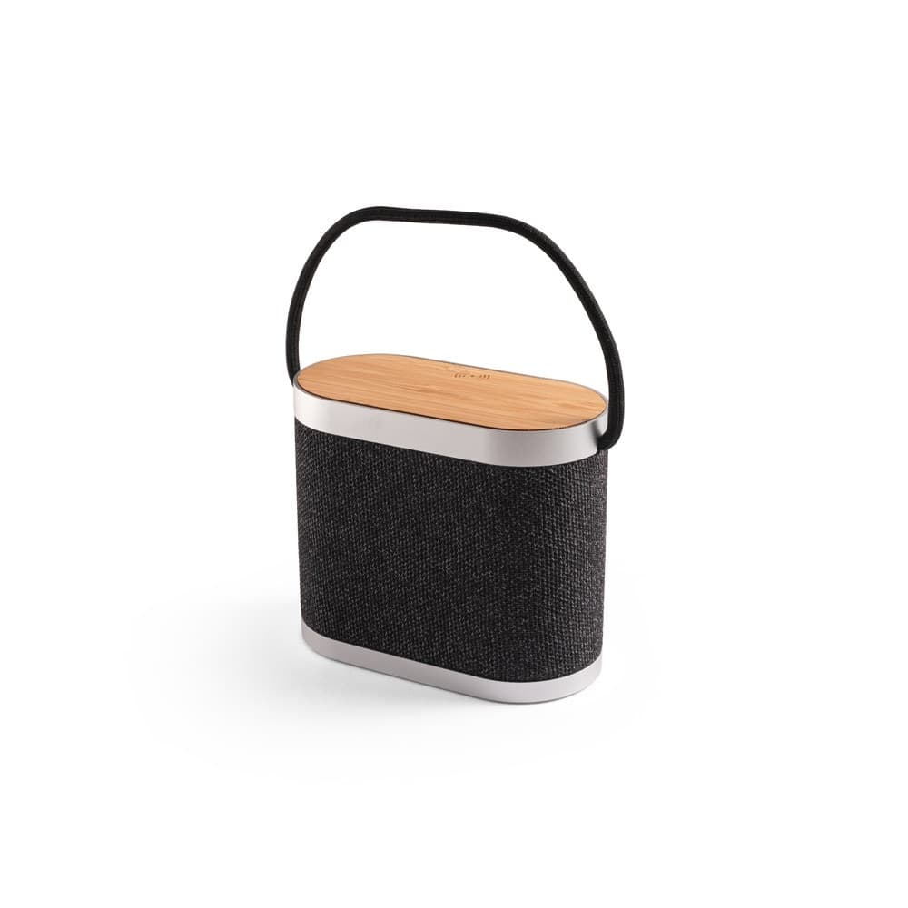 GUETTA. Difuzor portabil de 5W cu încărcător wireless super-rapid de 15W și autonomie a bateriei de 2h, fabricat din bambus și PET reciclat (100% rPET)