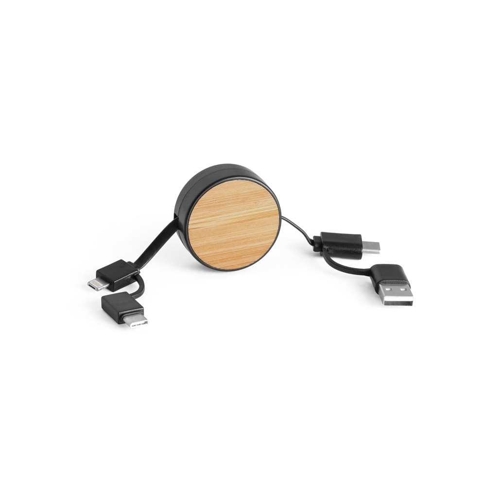 RUBINS. Cablu USB retractabil 6 în 1 din ABS reciclat (100% rABS) și bambus