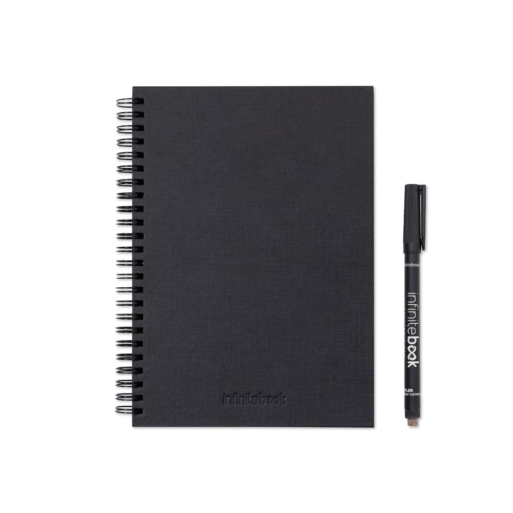 STARTER KIT INFINITEBOOK A5 PLANNER TEXTURE. Kit cuprinzând „Infinitebook” cu copertă tare, 1 kit de curățare, 1 marker și 1 suport pentru pix
