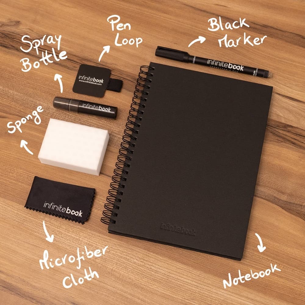STARTER KIT INFINITEBOOK A5 PLANNER TEXTURE. Kit cuprinzând „Infinitebook” cu copertă tare, 1 kit de curățare, 1 marker și 1 suport pentru pix