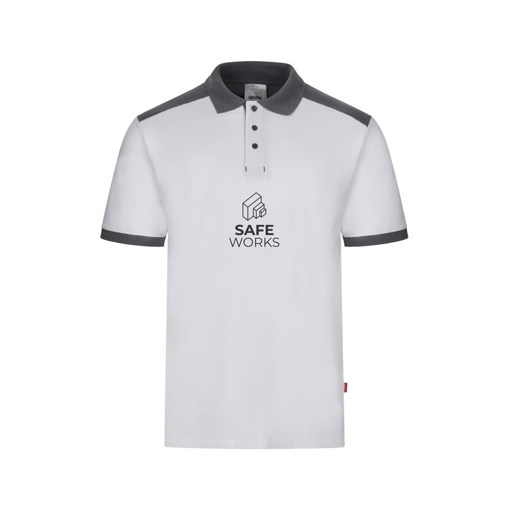 VL VELES. Two-tone stretch piqué polo shirt (200 g/m²) with short sleeves, in polyester (96%) and elastane (4%)