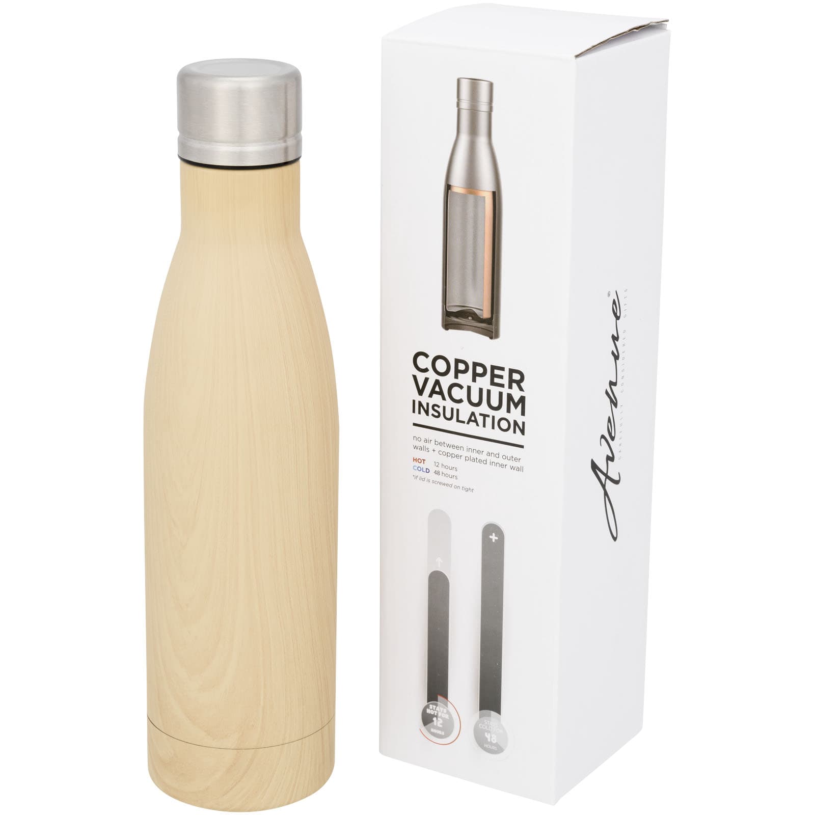 Sticlă termoizolantă Vasa 500 ml cu aspect de lemn, izolație din cupru și vid
