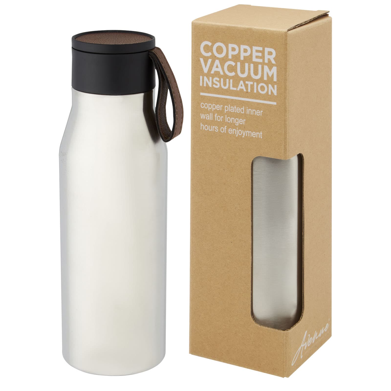 Sticlă Ljungan 500 ml din oțel inoxidabil cu izolație la vid și cupru, cu curea și capac din piele PU