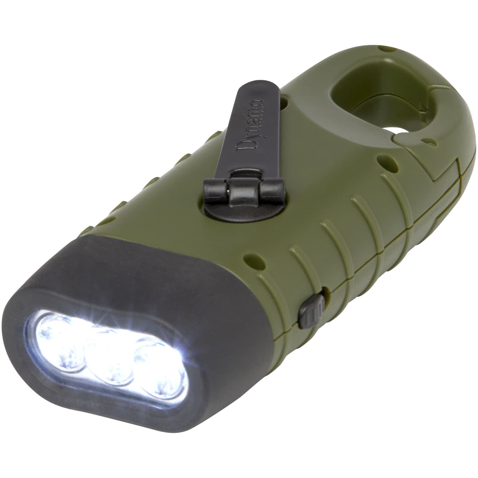 Lanternă solară cu dinam Helios din plastic reciclat, cu carabinieră