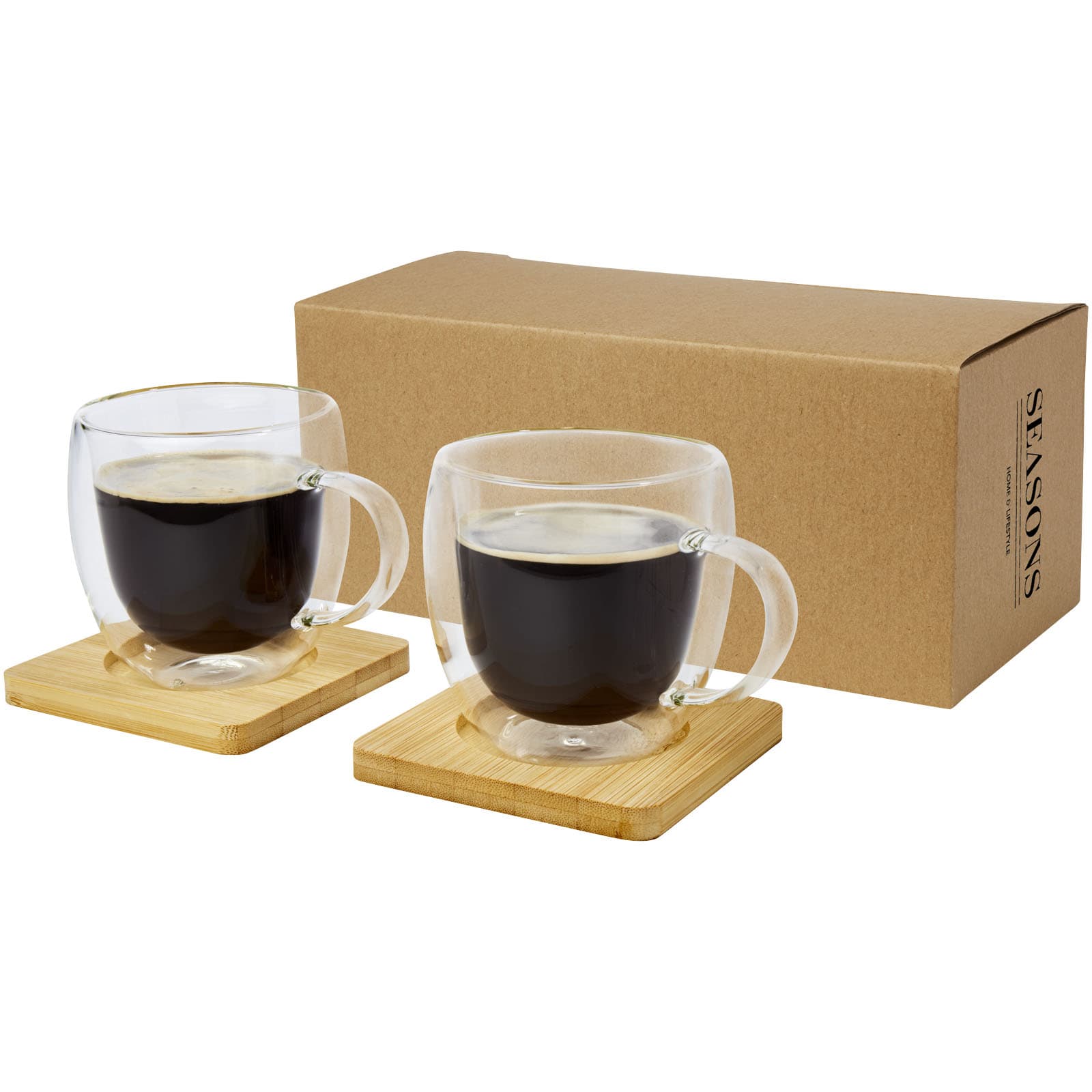 Set de 2 pahare din sticlă cu pereți dubli Manti de 250 ml cu suport din bambus